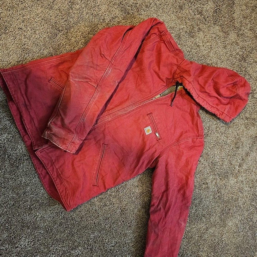 Vintage Carhartt Pink Canvas Sherpa Lined Hooded Jacket Coat Size M WJ14162